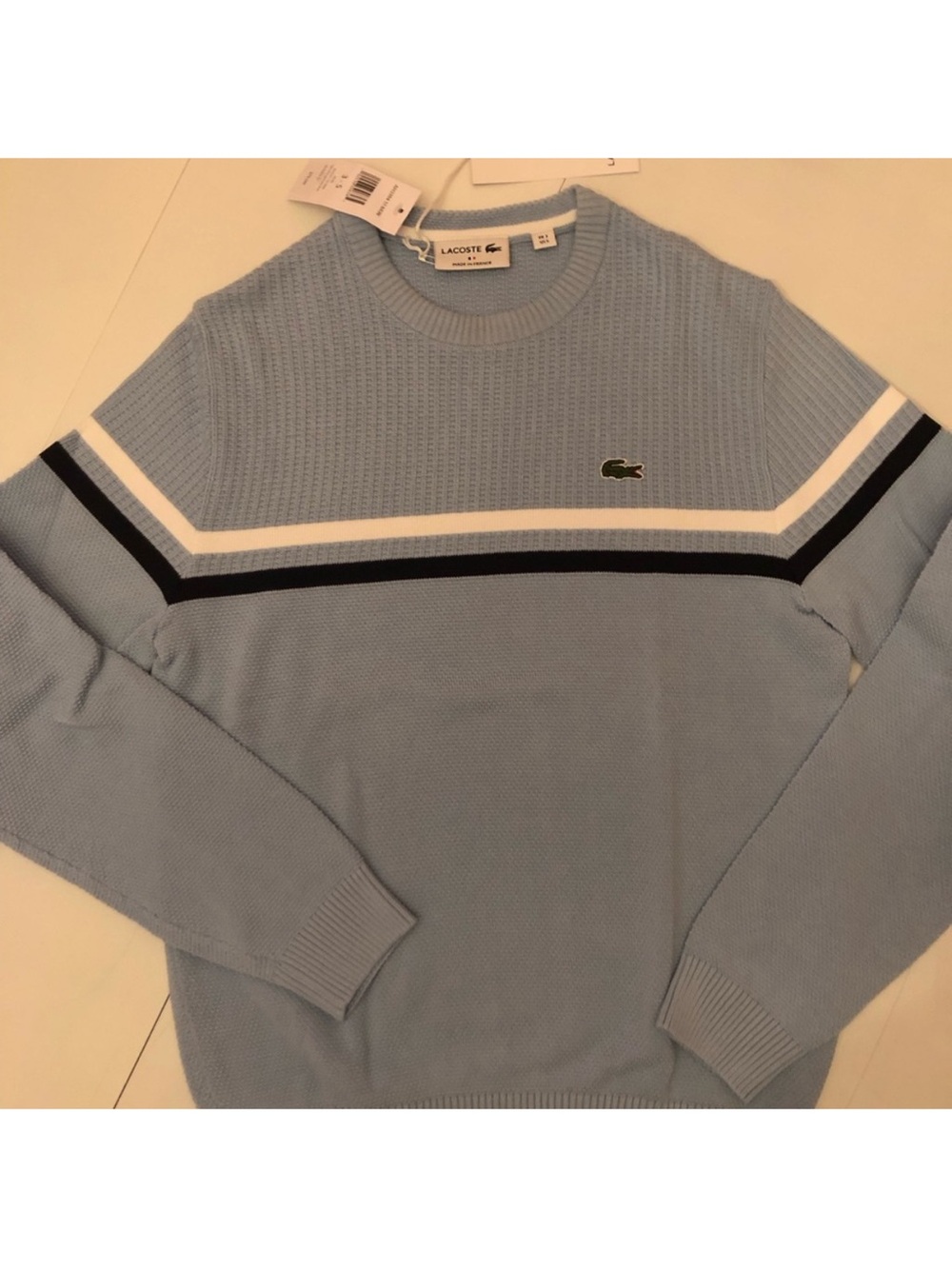 New! Lacoste Sky Blue Crewneck Sweater with White & Navy Stripes